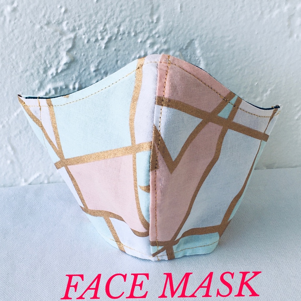 3 FOR $29 FACE MASK COTTON GEOMETRIC GOLD BLUE - Picture 2 of 5
